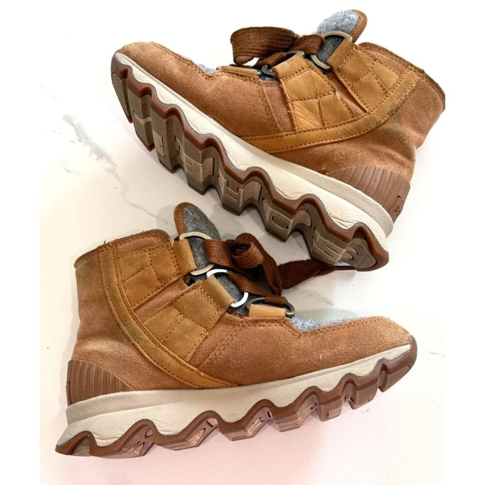 Sorel‎ Womens Kinetic Leather Ankle Boots Fur Lining Rubber Size 5 Brown Suede